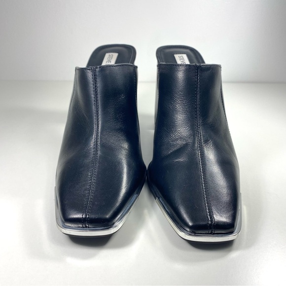 Steve Madden Playa Black Leather Slip On Heeled Mules Slides Silver Tips 9.5 - Picture 3 of 10